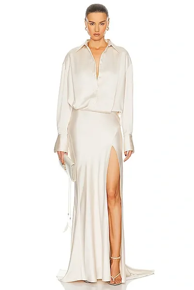 Attico Long-sleeve Satin Gown In Milk