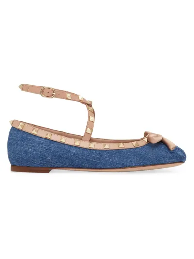 Valentino Garavani Rockstud Satin And Leather-trimmed Denim Ballet Flats In Blue