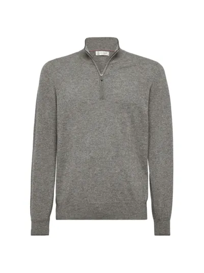 Brunello Cucinelli Men's Cashmere Turtleneck Sweater With Zipper In Grey