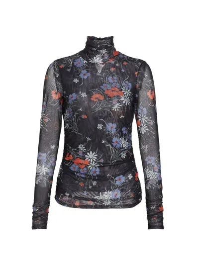 Cinq À Sept Wild Poppy Shirred Mesh Turtleneck Top In Obsidian Multi