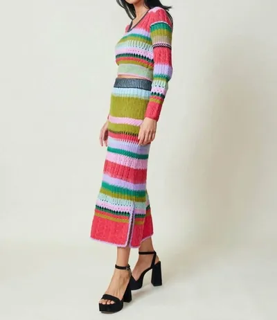 Lingua Franca Ashby Mixed-stitch Crochet A-line Midi Skirt In Multi