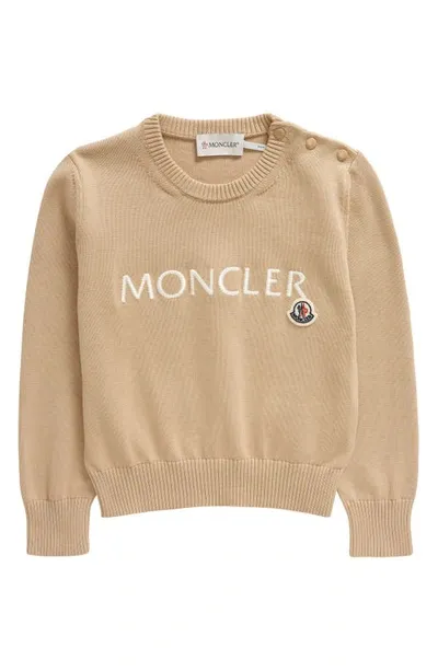 Moncler Kids' Embroidered Logo Cotton Crewneck Sweater In Beige