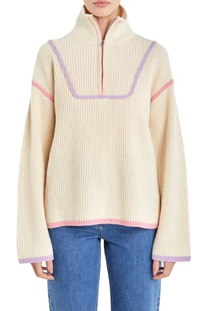 English Factory Contrast Trim Quarter Zip Sweater In Lavender Multi