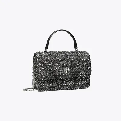 Tory Burch Mini Kira Chevron Tweed Top-handle Chain Wallet In Black/silver