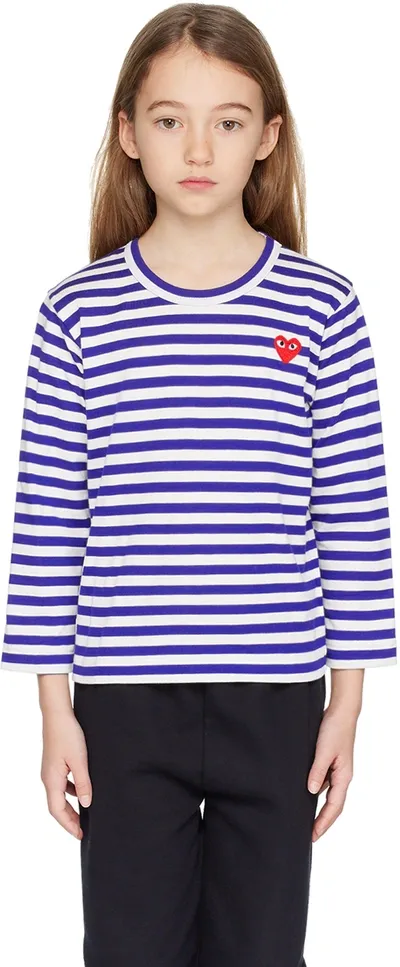 Comme Des Garçons Play Kids White & Blue Heart Patch Long Sleeve T-shirt In 2-blue