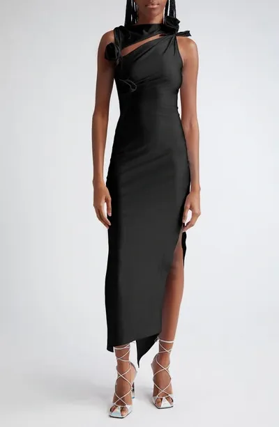 Coperni Rosette Cutout Asymmetric Stretch Jersey Gown In Black