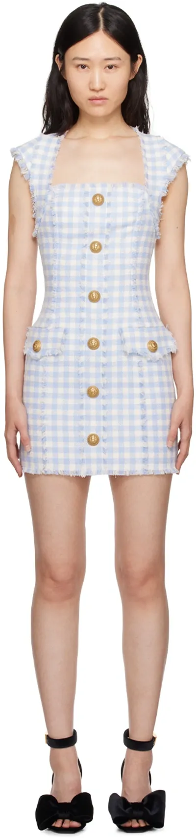 Balmain Plaid Tweed Mini Dress In White Blue