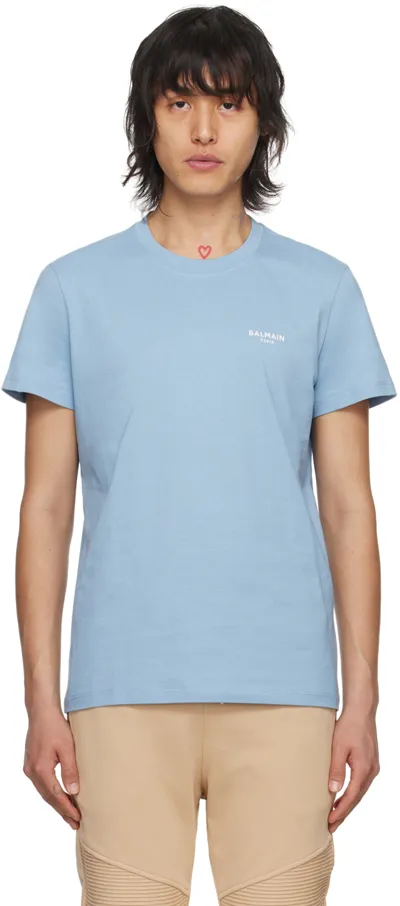 Balmain Logo-flocked Cotton T-shirt In Light Blue