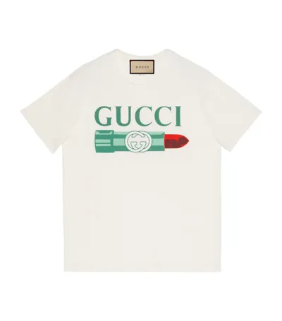 Gucci Lipstick Print Print Cotton T-shirt In White,multicolor