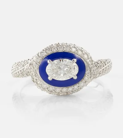 Kamyen Oval 18kt White Gold Ring With Diamonds And Enamel In Metallic