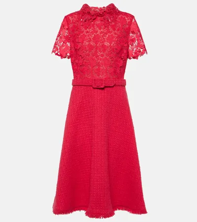 Oscar De La Renta Short-sleeve Gardenia Guipure And Tweed Midi Dress With Self-belt In Cerise