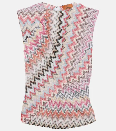 Missoni Gathered Striped Metallic Crochet-knit Top In Pink & Purple