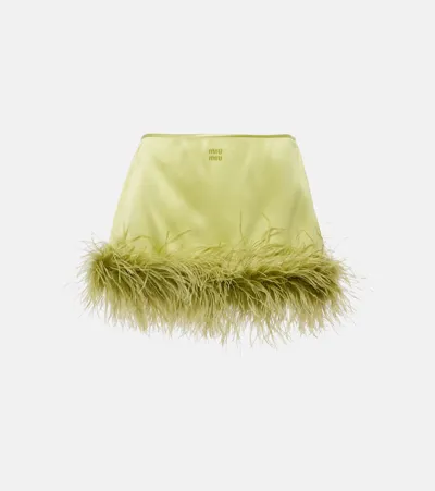 Miu Miu Feather-trimmed Satin Miniskirt In Green