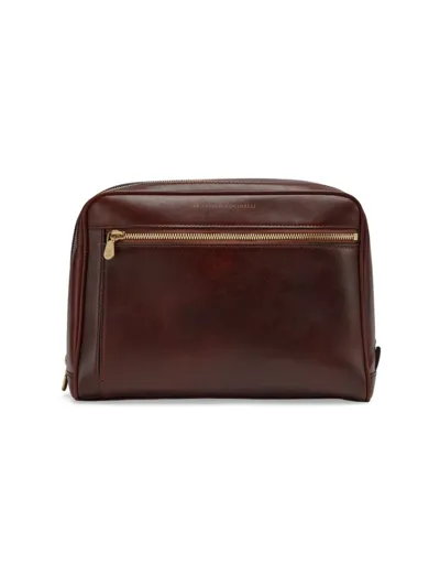 Brunello Cucinelli Leather Wash Bag In Burgundy