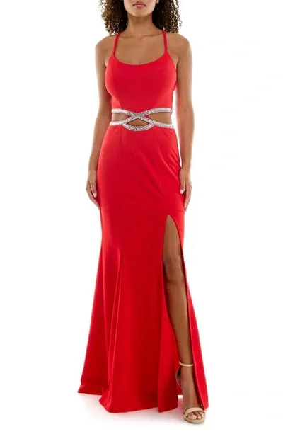 Speechless Rhinestone Trim Cutout Mermaid Gown In Red