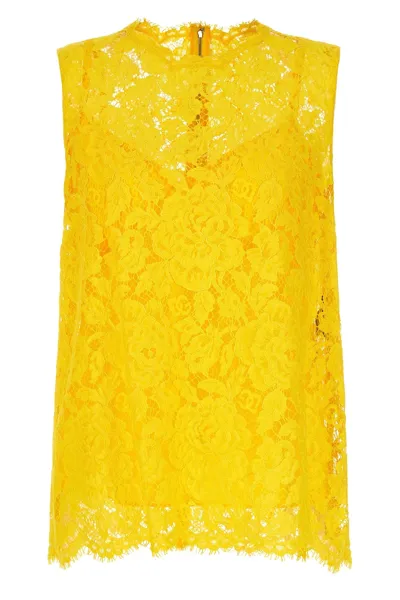 Dolce & Gabbana Branded Floral Cordonetto Lace Top In Yellow