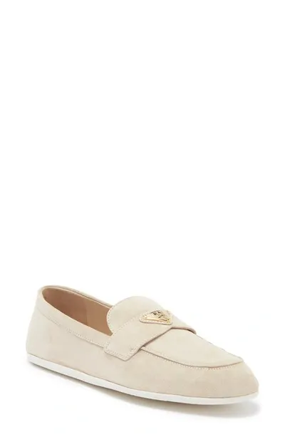 Prada Logo Suede Loafer In Neutrals