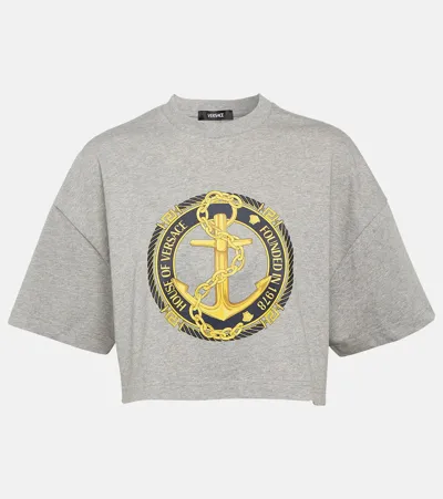 Versace Printed Cotton Jersey Crop Top In Grey