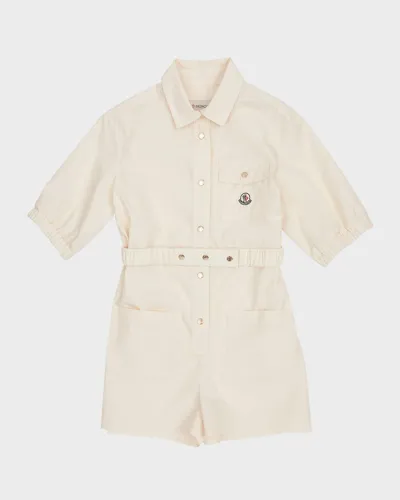 Moncler Kids' Girl's Cotton Poplin Collared Romper In Antique White