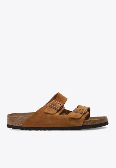 Birkenstock Arizona Logo-detail Suede Slides In Brown