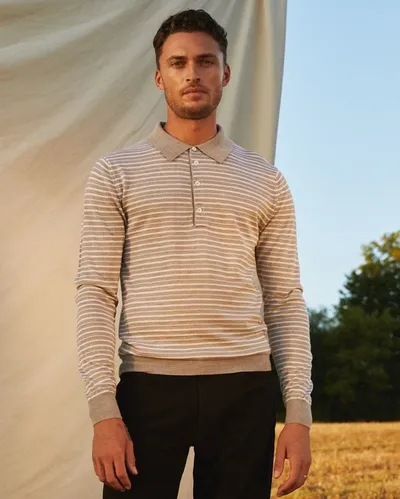 Reid Fine Gauge Stripe Polo In Light Grey