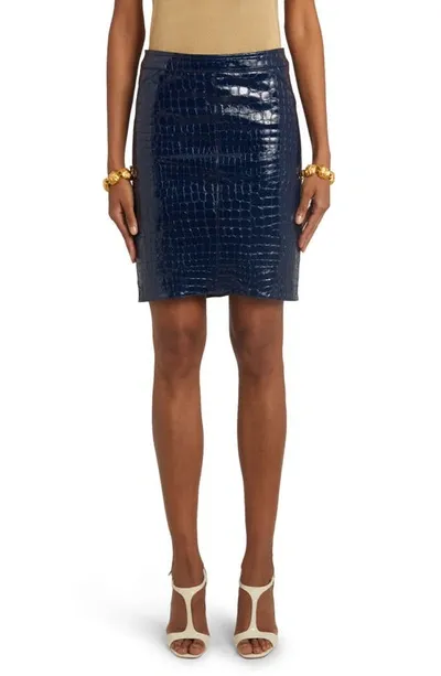 Tom Ford Croc-embossed Leather Pencil Skirt In Blue