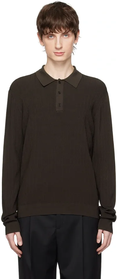 Filippa K Shiny Ribbed Long-sleeve Polo Neck In Brown