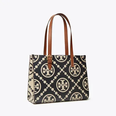 Tory Burch Small T Monogram Contrast Embossed Tote In Black