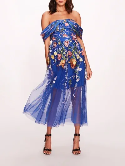 Marchesa Ribbons Midi Dress In Blue