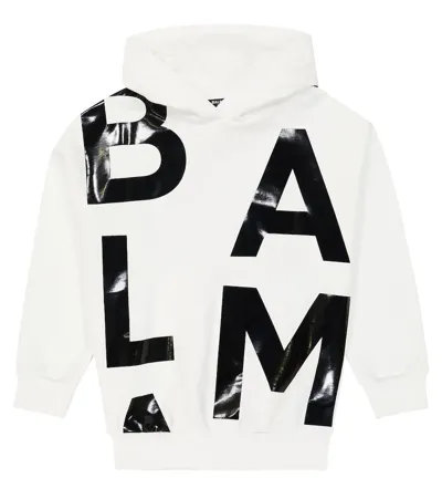 Balmain Kids' Logo Cotton Jersey Hoodie In White