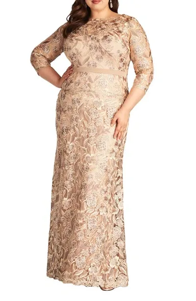 Tadashi Shoji Plus Size Floral-embroidered Column Gown In Pebble