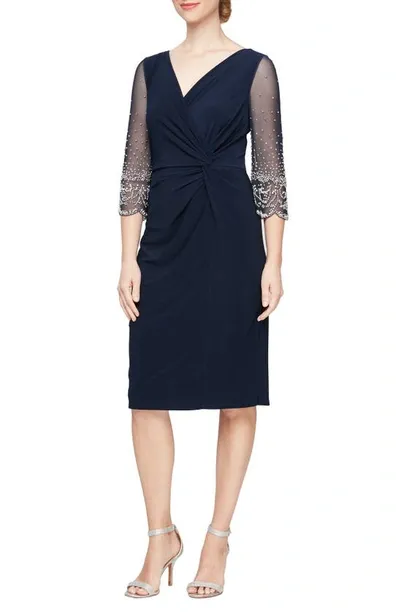 Alex Evenings Beaded Jersey Cocktail Dress In Dark Navy