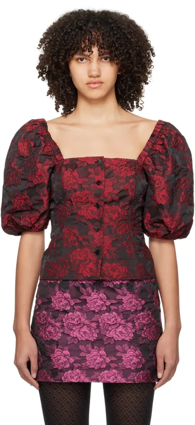 Ganni Red Botanical Jacquard Fitted Blouse In High Risk Red