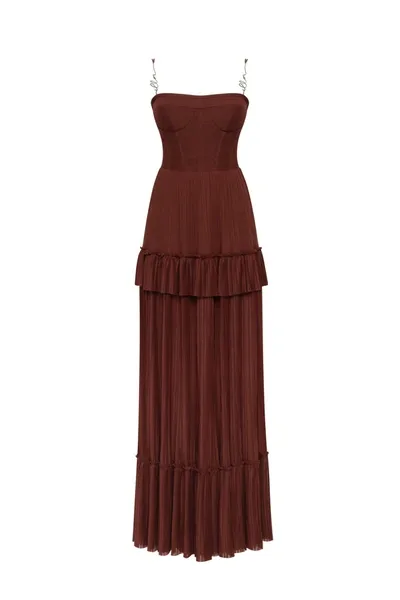 Milla Chocolate Spaghetti Strap Pleated Maxi Dress, Garden Of Eden In Brown