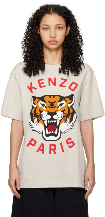 Kenzo Gray  Paris Lucky Tiger T-shirt In Pale Grey