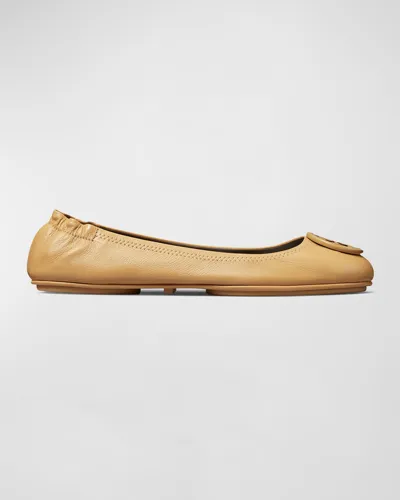 Tory Burch Minnie Leather Travel Ballerina Flats In Ginger Shortbread