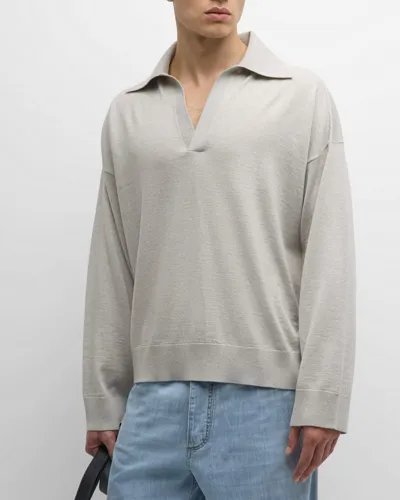 Bottega Veneta Men's Lightweight Wool Polo Sweater In Light Grey Melange