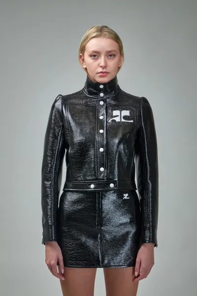 Courrèges Logo Cropped Vinyl Jacket In Black