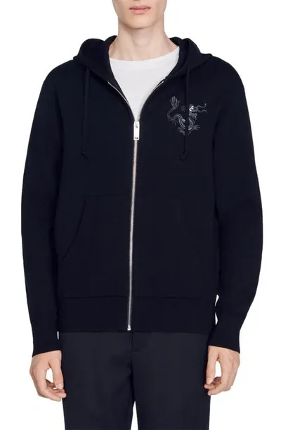 Sandro Dragon Zip Up Hoodie In Black