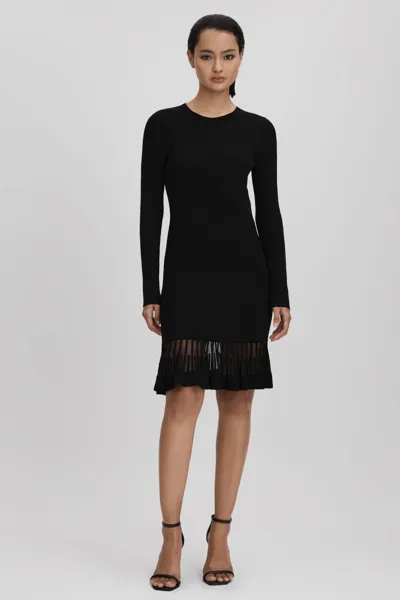 Reiss Black Teagan Knitted Sheer Flared Mini Dress