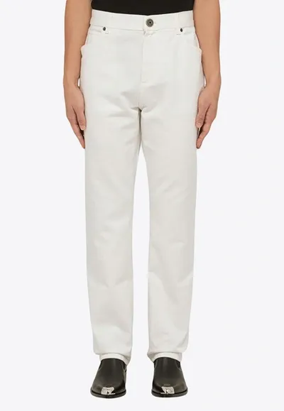 Balmain Logo-embroidered Straight-leg Jeans In White