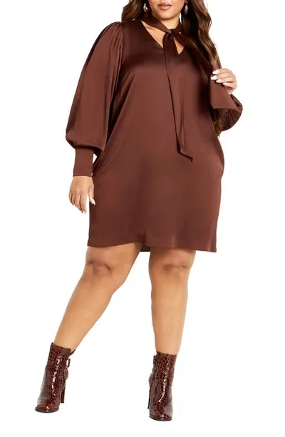 City Chic Mara Long Sleeve Satin Minidress In Mocha