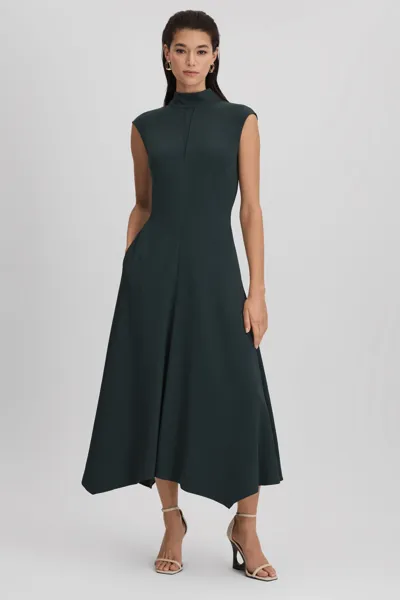 Reiss Dark Green Fitted Asymmetric Midi Dress