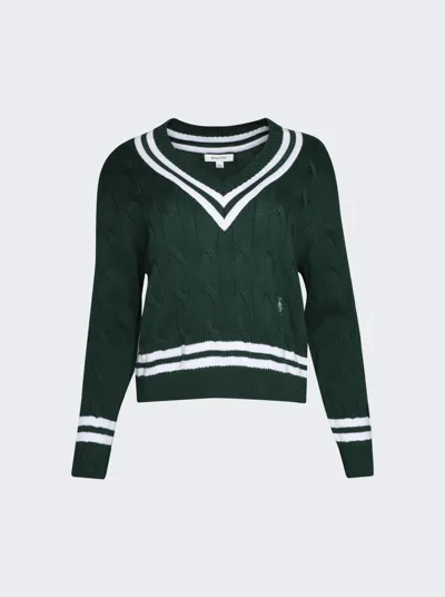 Sporty And Rich Cable-knit V-neck Cotton Sweatshirt In Forrest