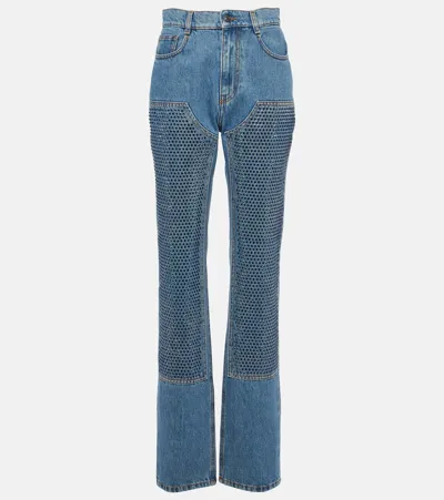 Area Crystal Embellished High Waist Straight Leg Jeans In Medium Indigo