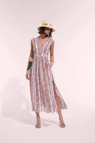 Poupette St Barth Long Dress Agnes In Lavender Waves Flowers