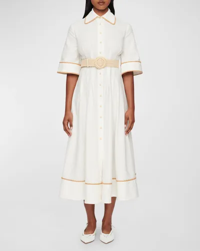 Clea Lucia Raffia-trim Midi Shirtdress In Off White