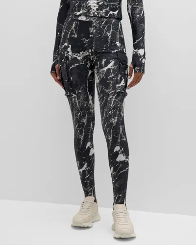 Norma Kamali Marble Printed Cargo Stirrup Leggings In Black Marble