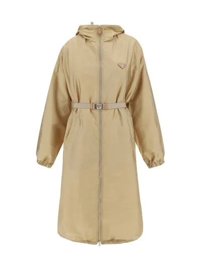 Prada Belted Hooded Jacket In Beige