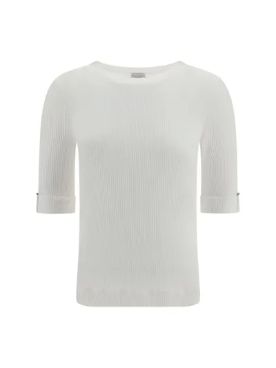 Brunello Cucinelli Crewneck Ribbed Blouse In White